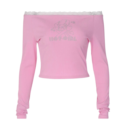 Rhinestone Details Lace Patchwork Off The Shoulder Top